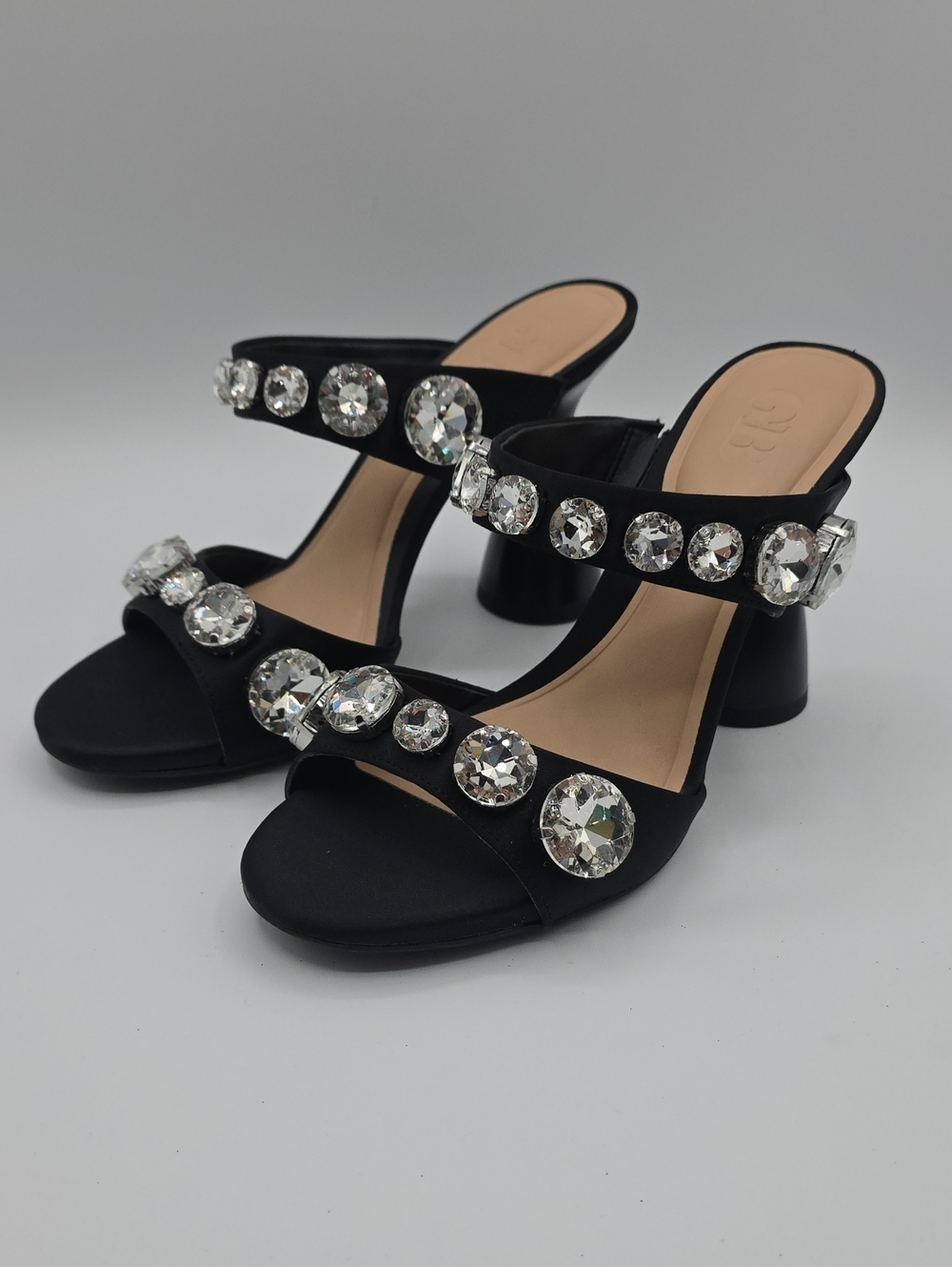 Gianni Bini Black Crystal-Embellished Two-Strap Block Heels